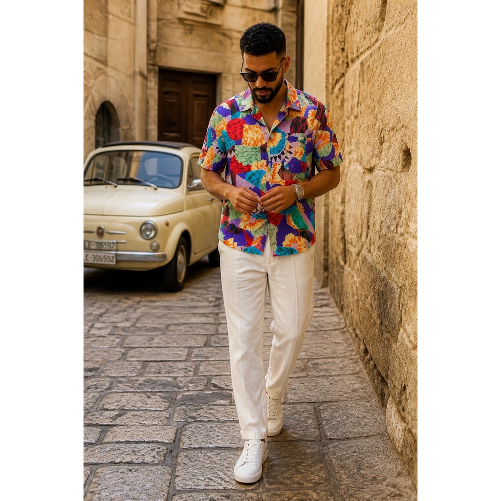 Stunt Collections Mens Sm 100% Silk Abstract Geometric Camp Shirt Multicolor VTG